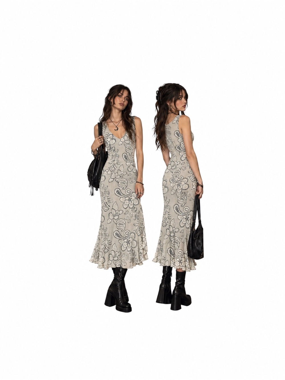 Vintage Y2K Dressbarn Paisley Midi Dress 8 Whimsigoth Fairy Grunge Boho V Neck
